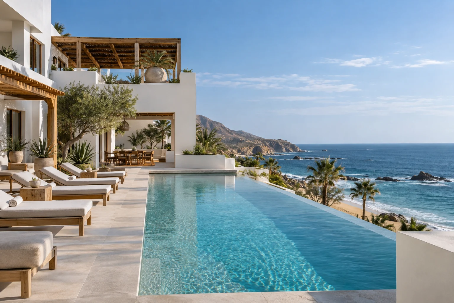 Hotel blanco con piscina y vista al océano Pacífico