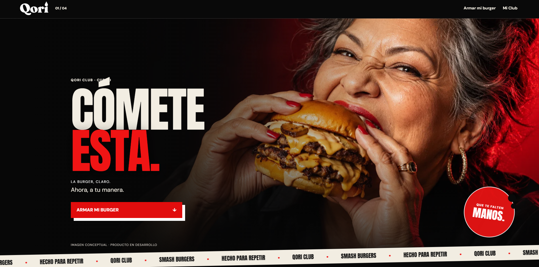 Portada de QoriClub con el mensaje Cómete esta y una mujer disfrutando una hamburguesa