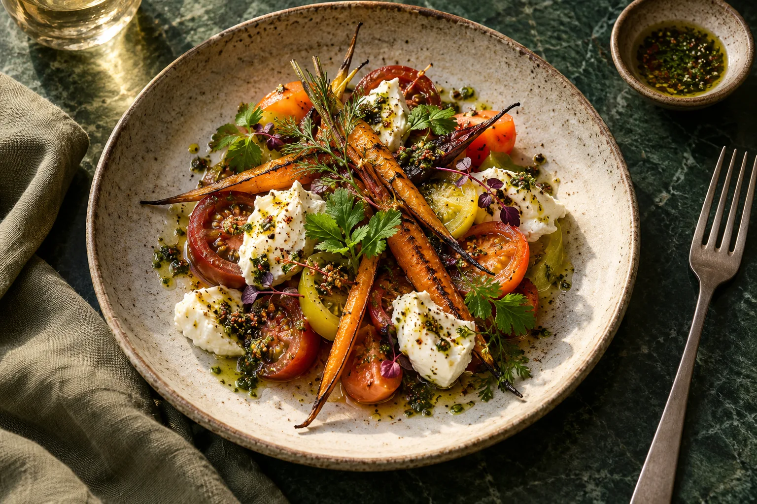 Plato de estación con tomates, zanahorias y queso fresco
